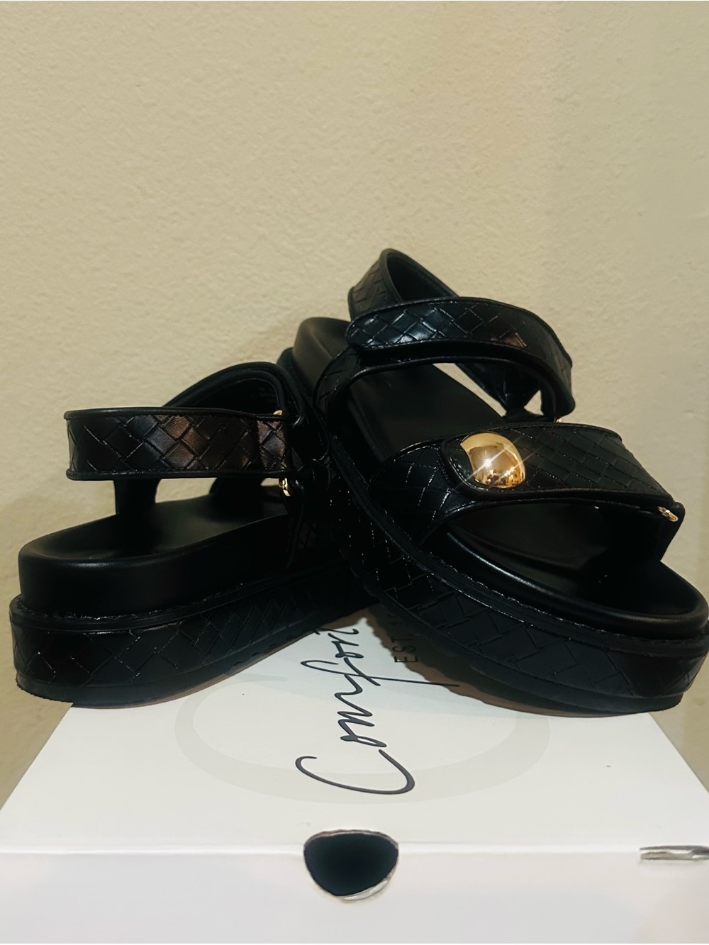 Black Platform Sandals with Gold Accent - Women